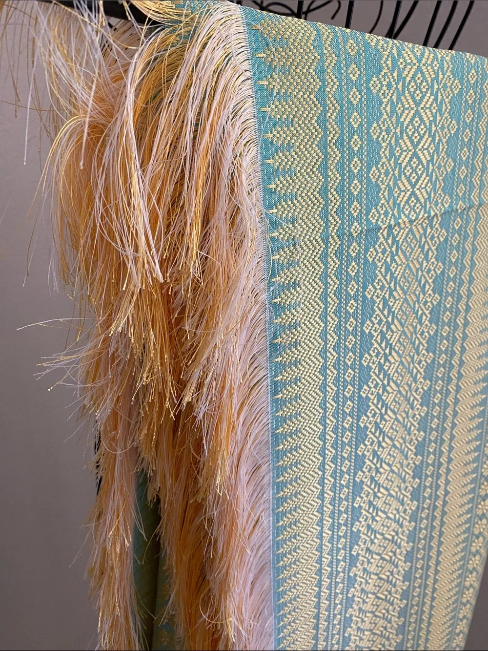 Ornate Aqua and Gold Woven Tablecloth with Fringe Trim